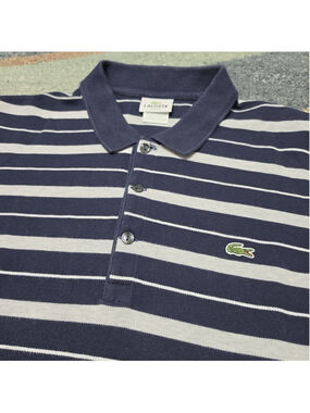 Lacoste Polo Shirt Mens 7 Navy White Striped Slim Fit Cotton